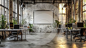 Modern open plan office interior with computers and industrial decor