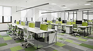 Modern Open- Plan Office Interior with Desks, Computers, and Green Partitions open-plan workspace
