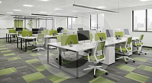 Modern Open- Plan Office Interior with Desks Computers and Green Office Partitions open plan workspace