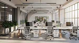 Modern open plan office interior with natural light and ergonomic workstations for productive workspace