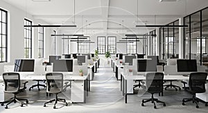 Modern Open Plan Office Interior with Rows of Desks Computers and Chairs workspace
