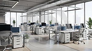 Modern Open Plan Office Interior With Rows Of Desks Computers Ergonomic Chairs And Large Windows