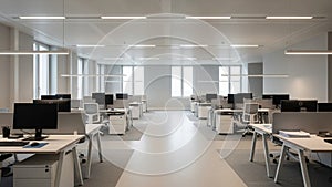 Modern open plan office interior with rows of desks computers and natural light from windows