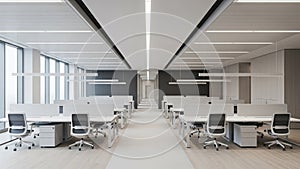 Modern open-plan office interior with rows of white desks and ergonomic chairs