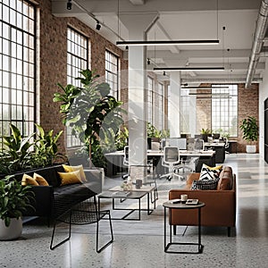 Modern open plan office with lounge area, plants, industrial decor