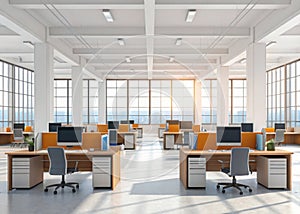 Modern open plan office with natural light and desks
