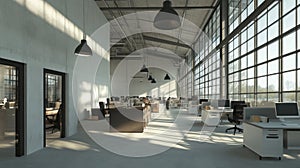 Spacious open-plan office with modern desks and large windows