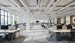 Modern Open Plan Office Spacious Workspace Bright Lighting Minimalist Design
