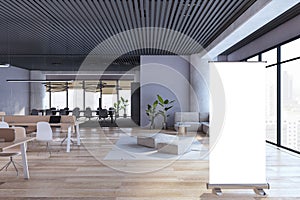 Modern open space designer office interior with empty white mock up banner, furniture, panoramic windows with city view, wooden