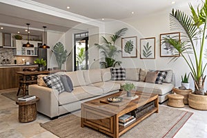 Modern open space with modular sofa and tropical plants