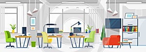 Modern open space office design in white colors. Vector illustration