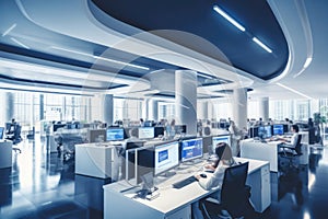 Modern open space office interior or call centre with business people