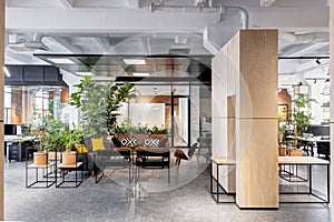 Modern open space office interior with furniture