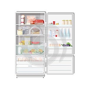 Modern opened refrigerator full of various food - fruits and vegetables, meat and dairy products, desserts, daily meals