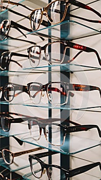 Modern ophthalmic store showcases variety of spectacles in closeup photo