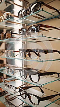 Modern ophthalmic store showcases variety of spectacles in closeup photo