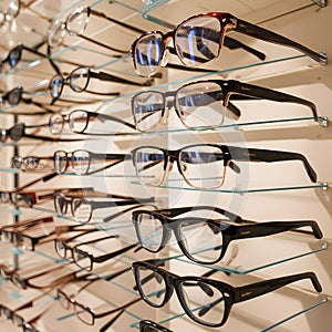 Modern ophthalmic store showcases variety of spectacles in closeup photo