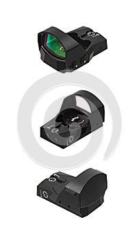 Modern optical collimator sight. Aiming device for shooting at short distances. Isolate on a white back