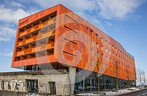 Modern orange appartment building in Groningen