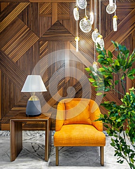 Modern orange armchair, lamp shade on small wooden table, contemporary tall glass chandelier, and wood cladding wall