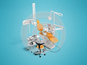 Modern orange dental chair and bedside table with tools and appliances for dentistry perspective 3d rendering on blue background