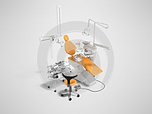 Modern orange dental chair and bedside table with tools and appliances for dentistry perspective 3d rendering on gray background