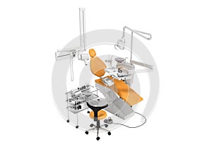 Modern orange dental chair and bedside table with tools and appliances for dentistry perspective 3d rendering on white background