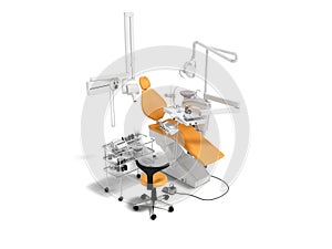 Modern orange dental chair and bedside table with tools and appliances for dentistry perspective 3d rendering on white background