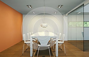 Modern orange dining room interior design big table behind glas