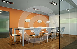 Modern orange dining room interior design big table behind glas