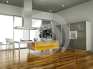 Modern orange kitchen in loft with a beautiful design