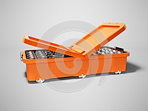 Modern orange portable refrigerator for drinks in aluminum cans 3d render on gray background with shadow