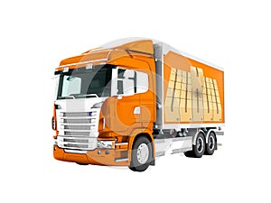 Modern orange truck with an orange trailer with white inserts for carrying cargo 3D render on white background no shadow