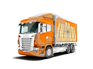 Modern orange truck with an orange trailer with white inserts for carrying cargo 3D render on white background with shadow