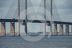 Modern Oresund Bridge Connecting Copenhagen and Malmo on Overcast Day