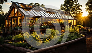 Modern organic agricultural glasshouse. Big greenhouse at evening sunlight