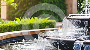 Modern outdoor home water feature fountain waterfall as wide banner with copy space