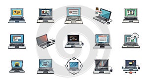 Modern Outline Laptop Icon Set: Tech, Coding, Data, and Cloud Computing Symbols