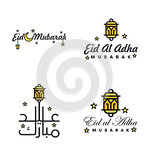 Modern Pack of 4 Vector Illustrations of Greetings Wishes For Islamic Festival Eid Al Adha Eid Al Fitr Golden Moon & Lantern with