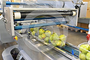 Modern packaging machine for fresh pears in a factory for food industry photo