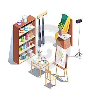 Modern painter artist workshop room with paints