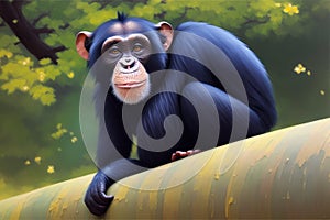 Modern painting of golden chimpanzee. Colorful magic chimpanzee, cartoon style painting. Generative ai art illustration photo