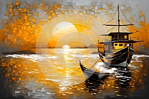Modern painting of golden sunset seascape Artist collection of animal painting for decoration and interior boat