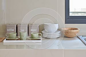 Modern pantry with white utensil in kitchen