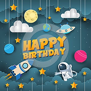 Modern Paper Art Style Space Scientist Happy Birthday Card Illustration