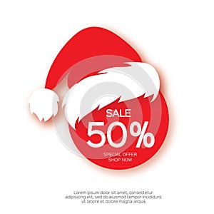 Modern paper cut circle sale banner with Santa Claus hat, special offer, 50 percents discount. Merry Christmas. Happy