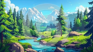 This is a modern parallax background for 2D animation with a cartoon illustration of a meadow, brook, and mountains on