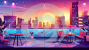 Modern parallax background for 2D game animation with cartoon illustration of empty patio on roof or balcony with cafe