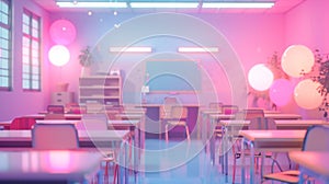 Modern pastel-colored classroom with soft lighting