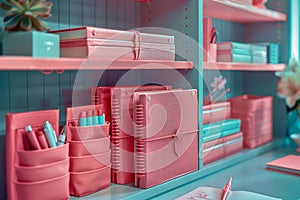 Modern Pastel Pink Office Supplies Arranged Tidily on Shelves with Blurred Background